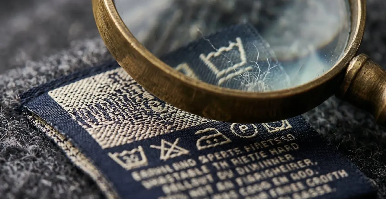 Analyse détaillée d'une étiquette de vêtement avec une loupe révélant les codes cachés