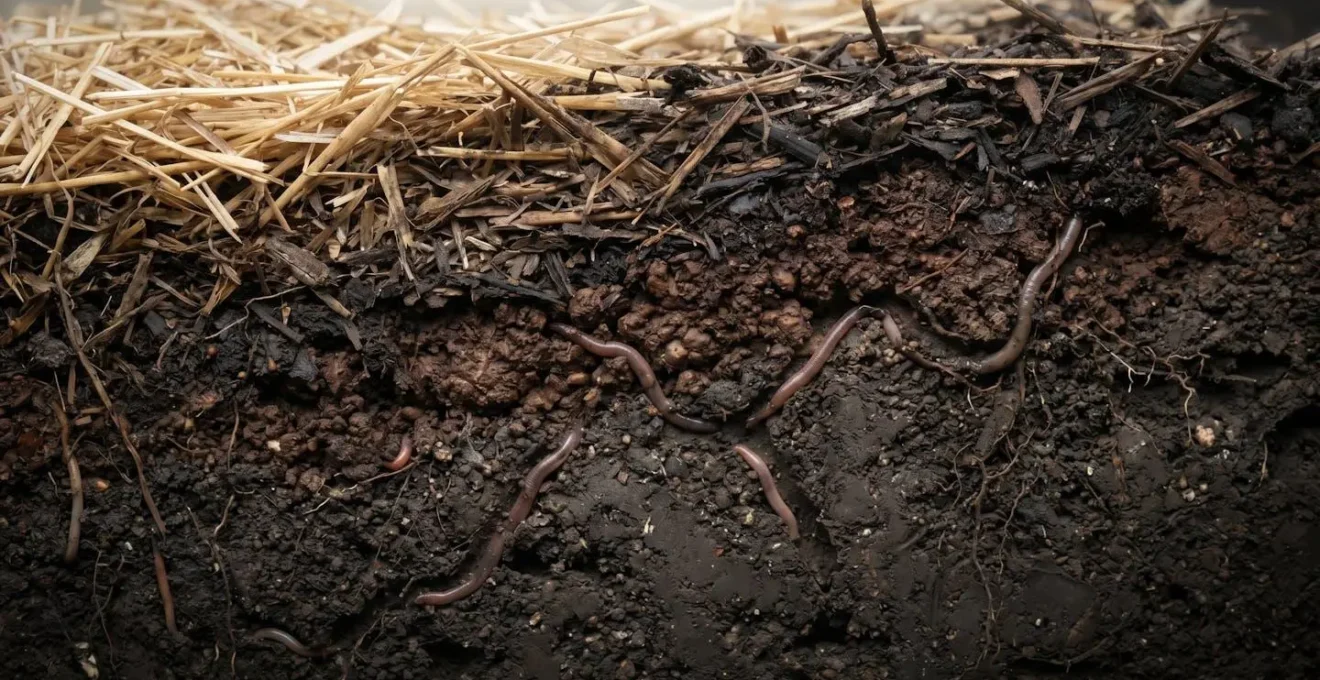 Vue en coupe montrant l'évolution du paillis et l'activité des vers de terre