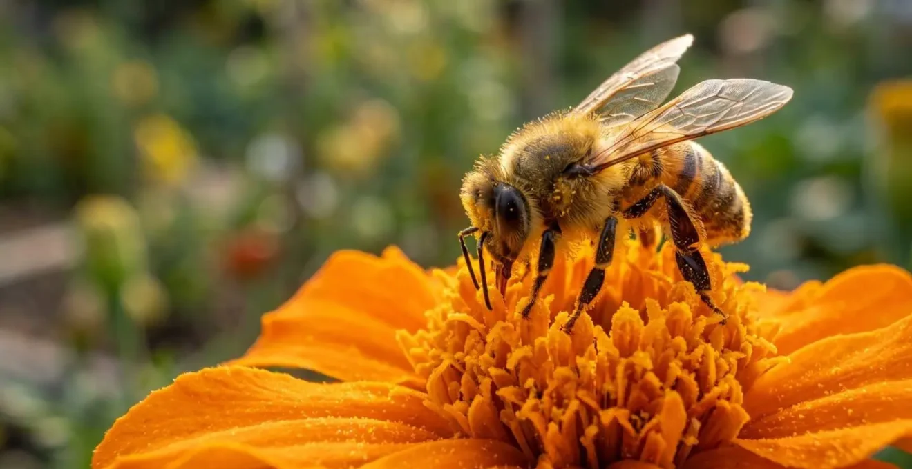 Gros plan macro sur une abeille butinant une fleur de souci au milieu de plants de tomates