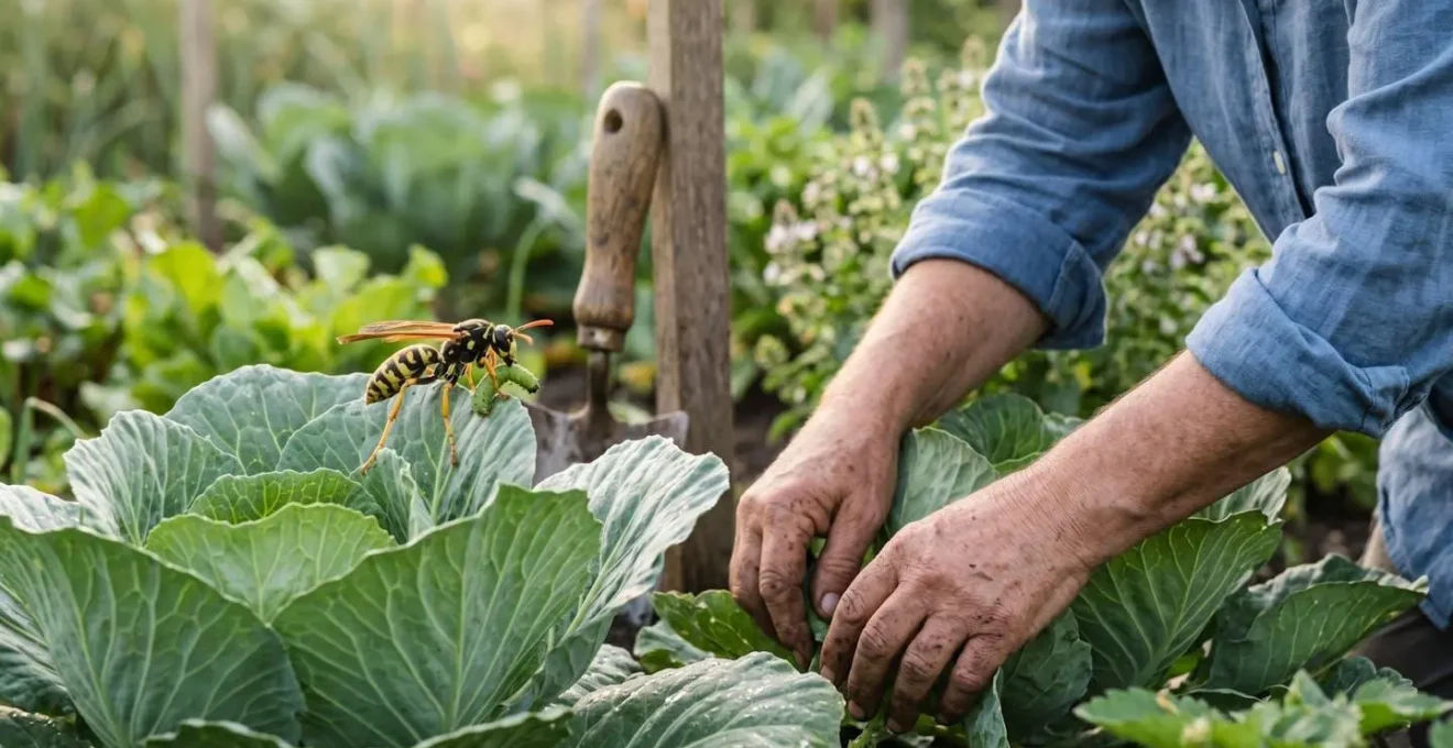 Guêpe poliste chassant des chenilles sur feuilles de chou au jardin potager