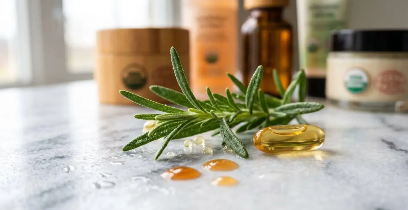 Produits cosmétiques bio avec différents labels disposés sur surface naturelle en bois