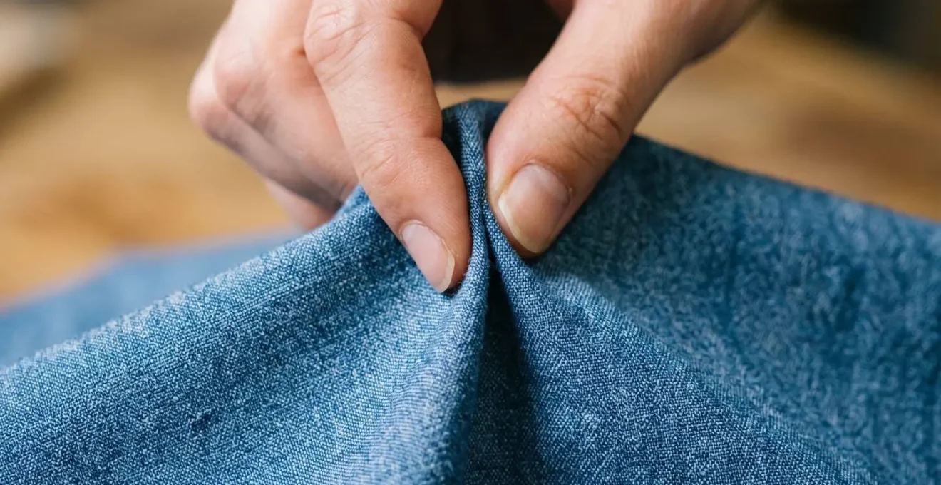 Mains expertes évaluant la texture d'une chemise lors du test du drapé