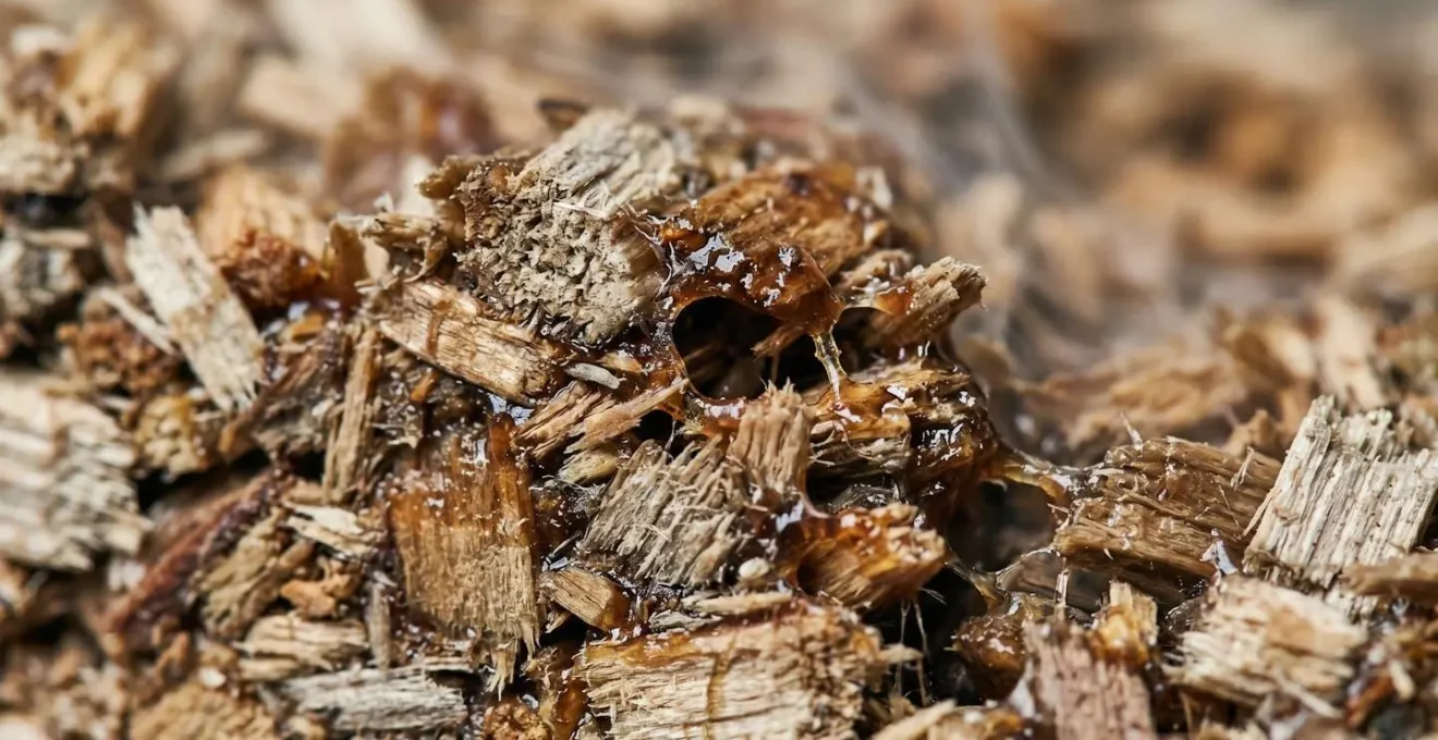 Vue macro d'une surface de panneau aggloméré montrant les particules de bois collées