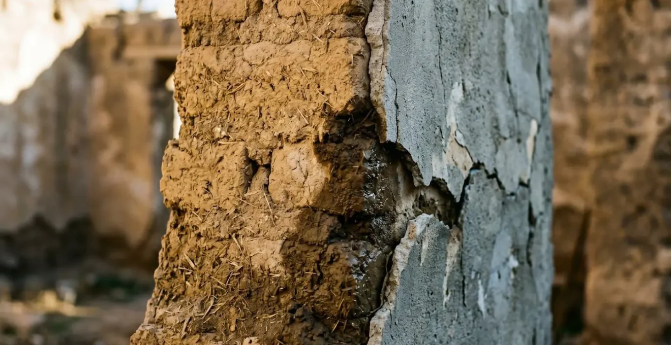 Coupe d'un mur en pisé montrant les effets de l'enduit ciment avec zones de dégradation visibles