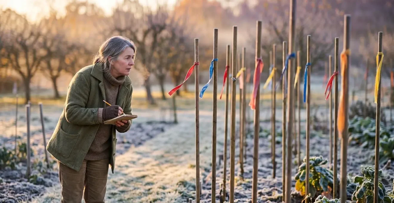 Jardinier observant des rubans colorés flottant au vent sur des piquets pour cartographier les couloirs venteux