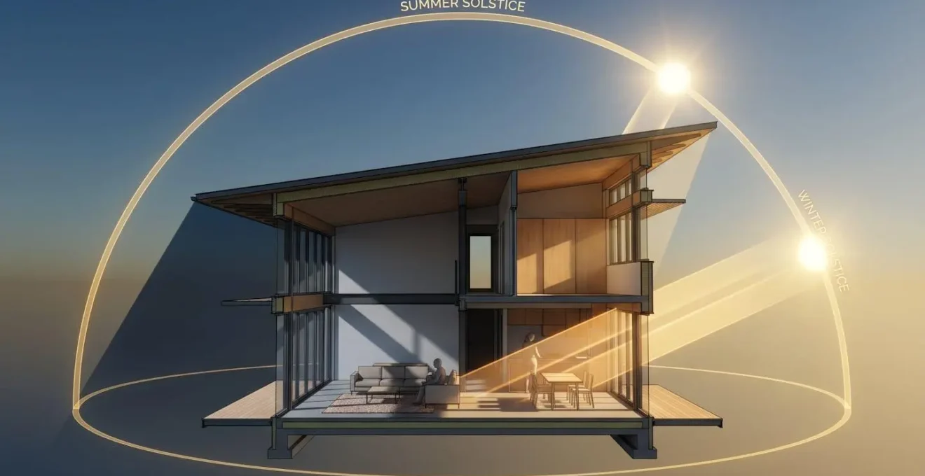 Schéma architectural montrant le parcours du soleil en été et en hiver sur une façade sud avec débords de toit calculés