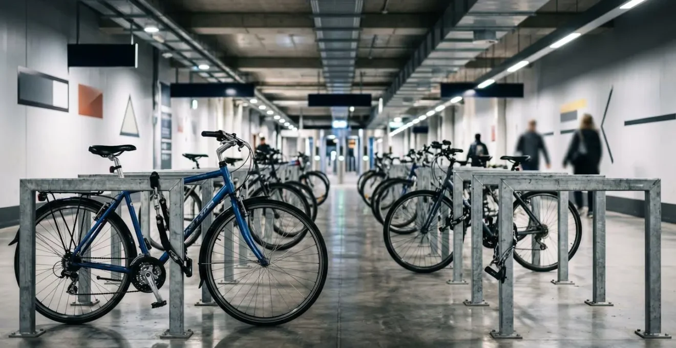 Rangée de vélos stationnés dans un parking sécurisé de gare avec système de verrouillage