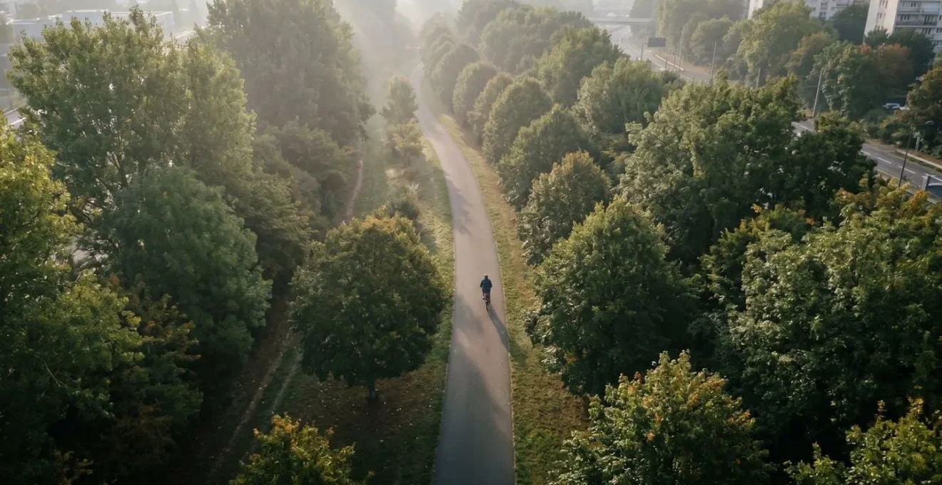 Voie verte urbaine française paisible bordée d'arbres