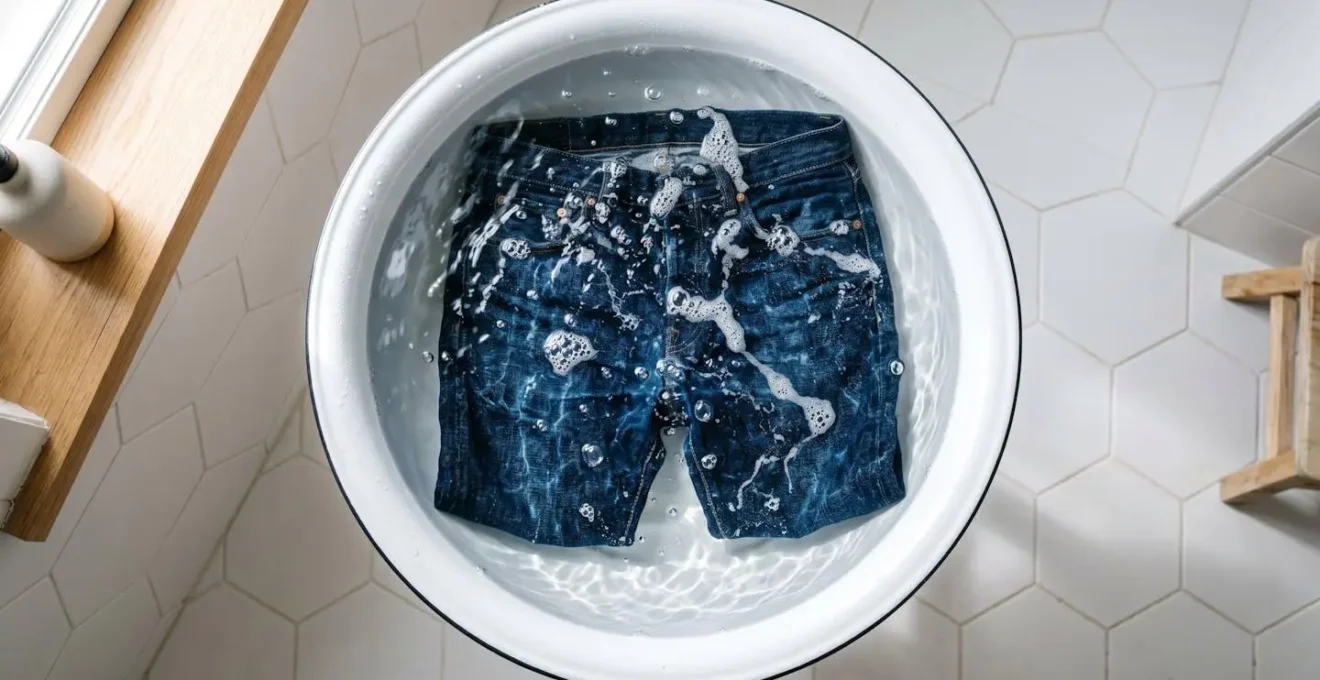 Jean brut immergé dans une bassine d'eau froide pour le rituel du premier bain, vue plongeante montrant les bulles d'air s'échapper du tissu
