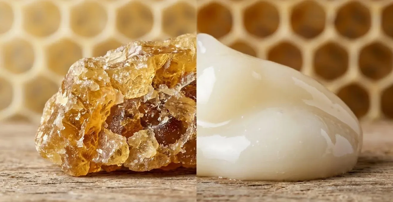 Comparaison visuelle entre propolis dorée et gelée royale nacrée