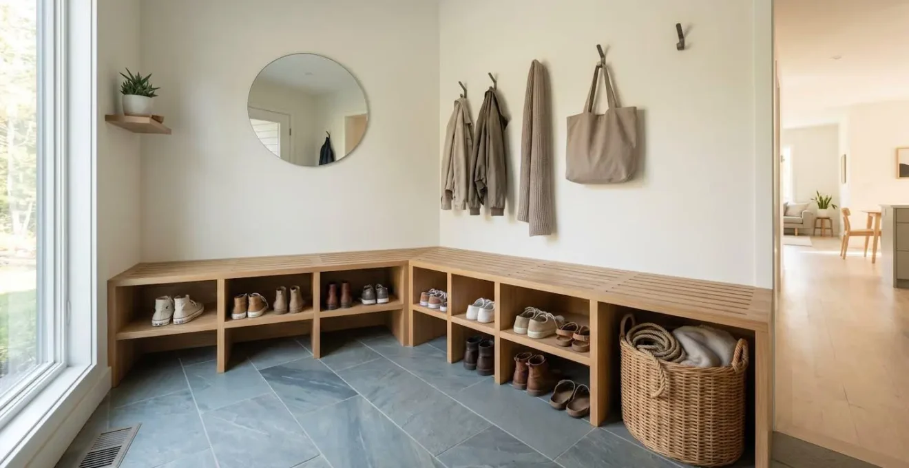 Zone d'entrée organisée avec système de rangement pour chaussures et vêtements d'extérieur