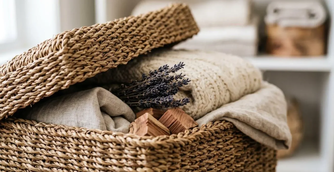 Boîtes de rangement en matières naturelles contenant des vêtements soigneusement pliés avec sachets de lavande