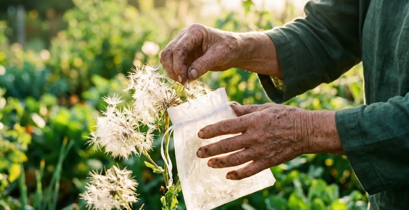 Hampe florale de laitue montée avec graines mûres et sac en organza pour récolte