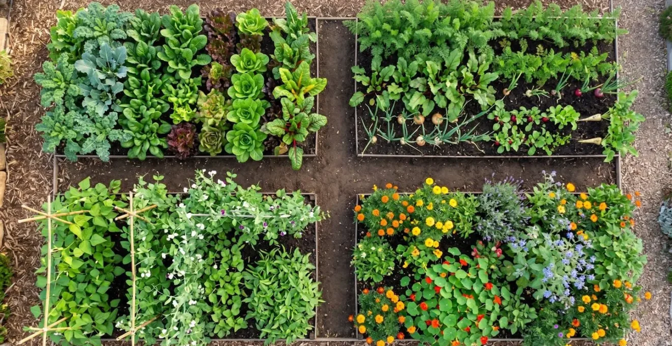 Vue en plongée d'un potager divisé en quatre zones colorées avec différents types de légumes