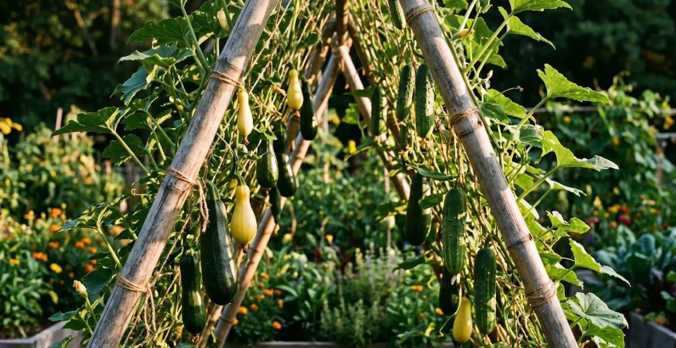 Structures de support vertical avec courges et concombres grimpants dans un potager ensoleillé