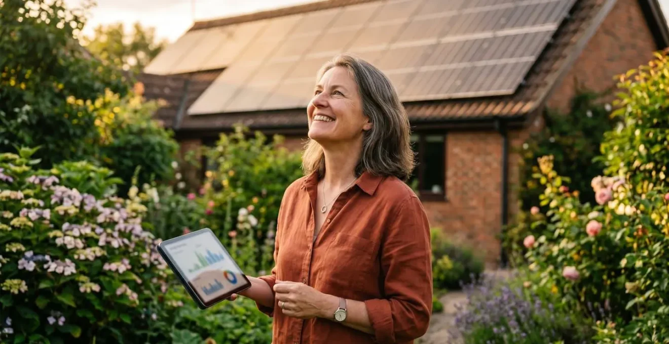 Vue d'ensemble d'une maison avec panneaux solaires montrant les flux d'énergie et les économies réalisées