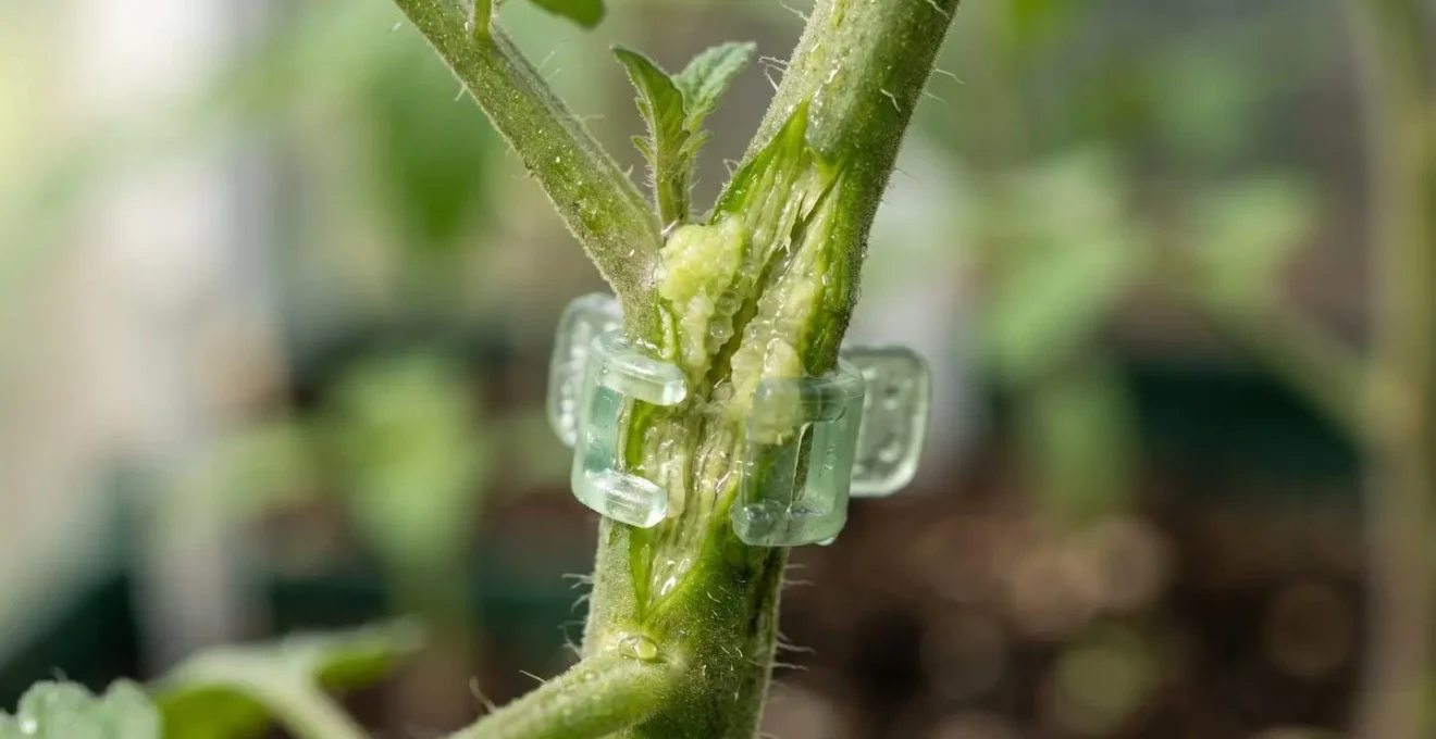 Gros plan sur une greffe en fente d'un plant de tomate sur un porte-greffe vigoureux, avec clip de greffage