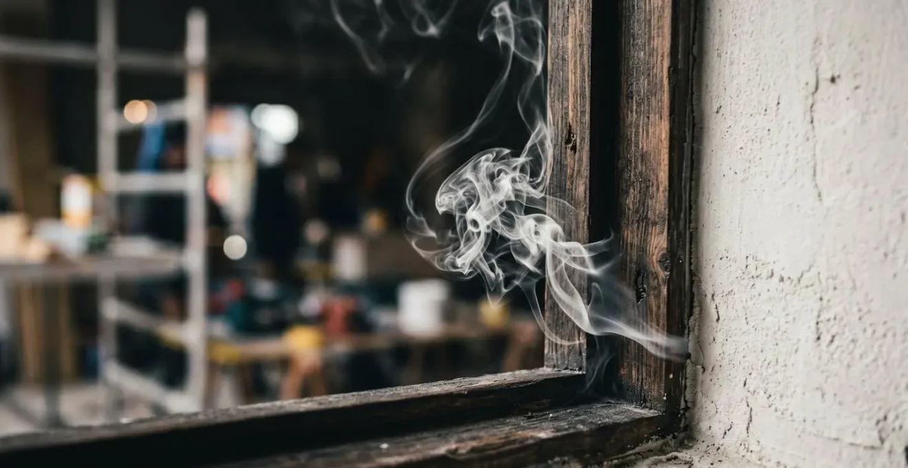 Vue rapprochée d'un test d'infiltrométrie montrant la détection d'une fuite d'air avec un fumigène