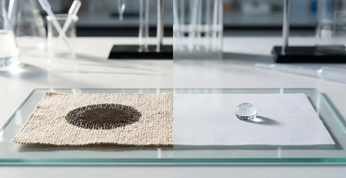 Test de la goutte d'eau sur tissu montrant l'absorption immédiate sur coton bio versus perle d'eau sur coton traité