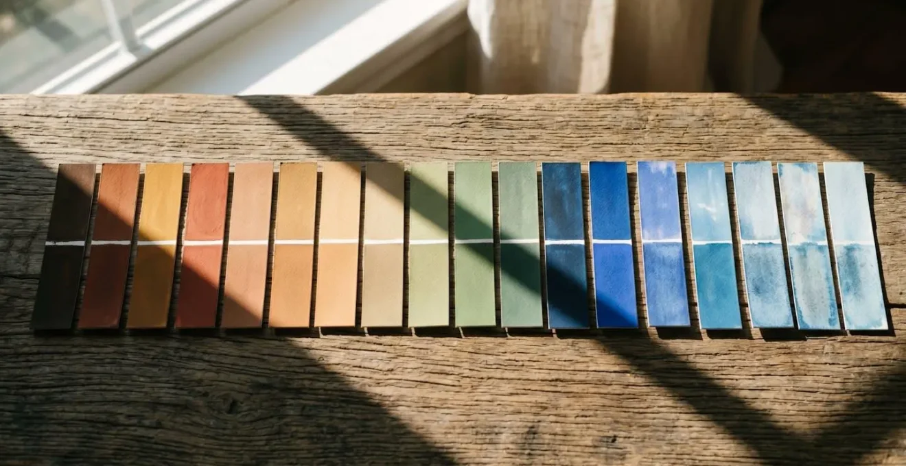 Échantillons de peintures naturelles avec différents pigments exposés partiellement au soleil montrant les variations de couleur