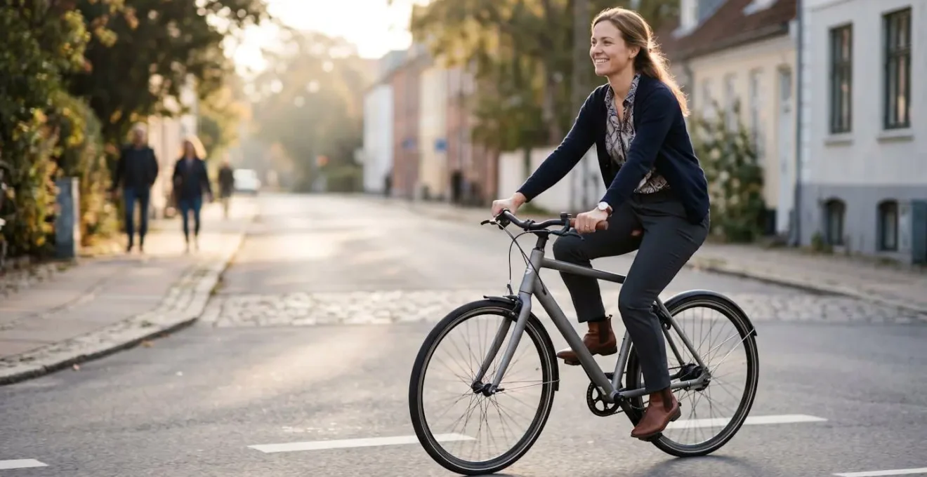 Cycliste professionnel traversant une ville calme en dehors des heures de pointe