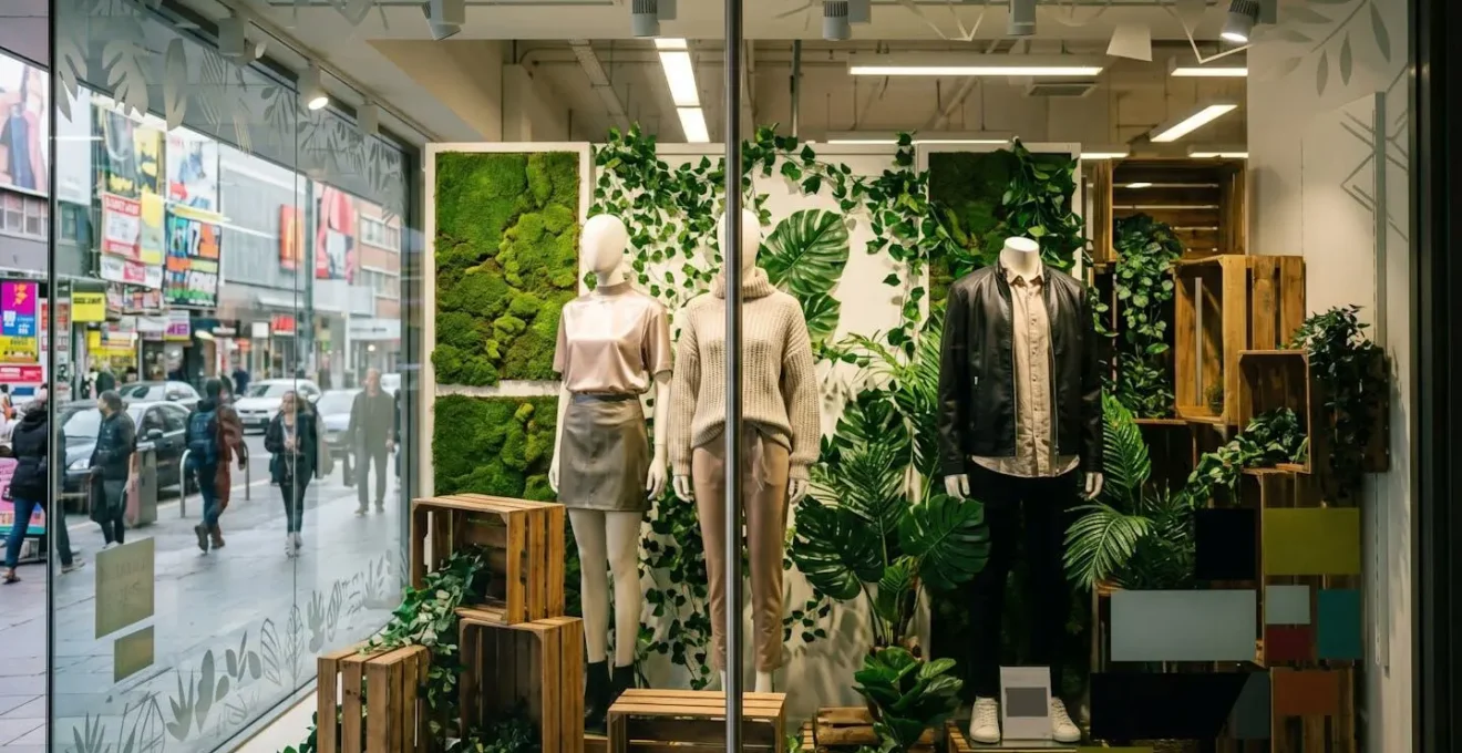 Vitrine de magasin de fast fashion avec des éléments de greenwashing visuels