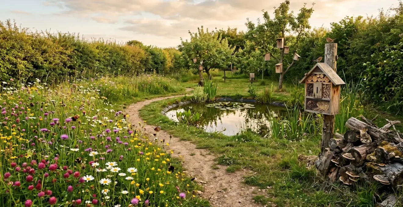 Vue d'ensemble d'un jardin montrant différentes zones de biodiversité avec mare, prairie fleurie et tas de bois