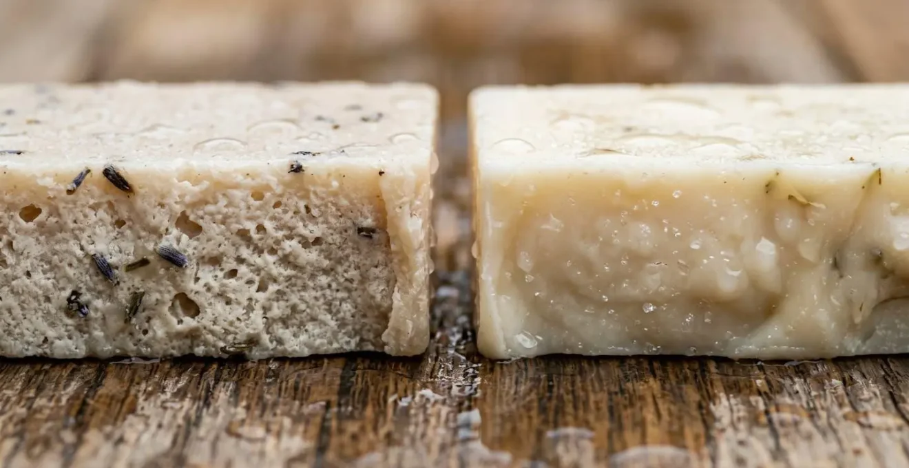 Macro photographie de deux savons artisanaux montrant leurs textures différentes, l'un plus crémeux que l'autre.