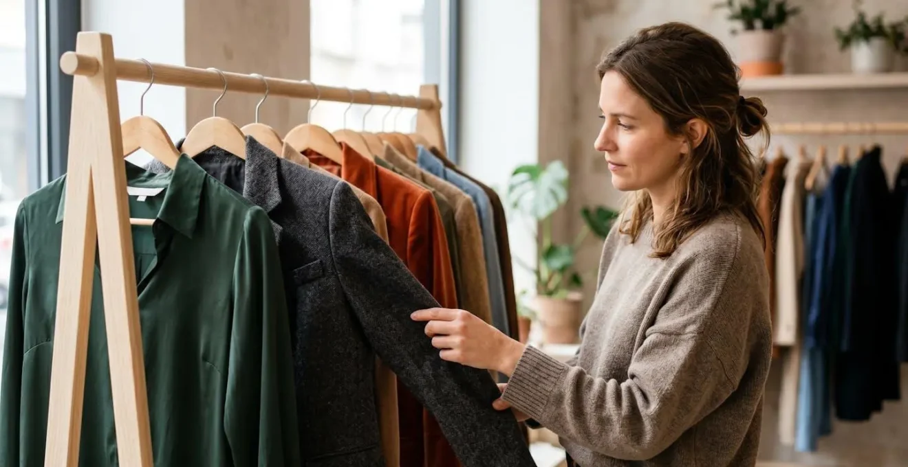 Portant de vêtements élégants dans un espace de location moderne avec système de tri par occasion