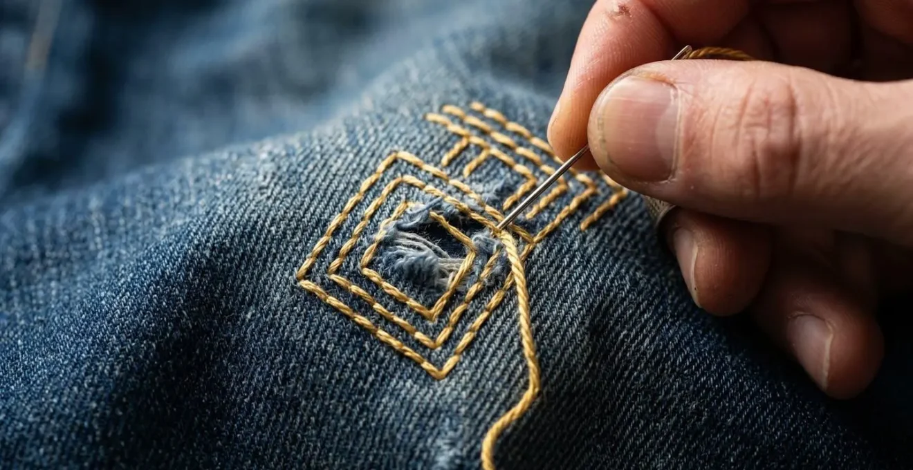 Gros plan sur des mains réalisant une broderie sashiko sur un jean avec fil doré