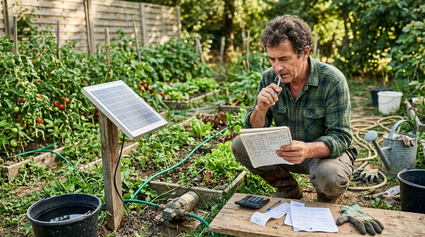 Gros plan mains africaines annotant cahier de comptes et calculant budget sur bureau coopérative agricole, avec documents budgétaires et brochure technique pompe solaire partiellement visibles, dans bureau rural éclairé par lumière naturelle fenêtre
