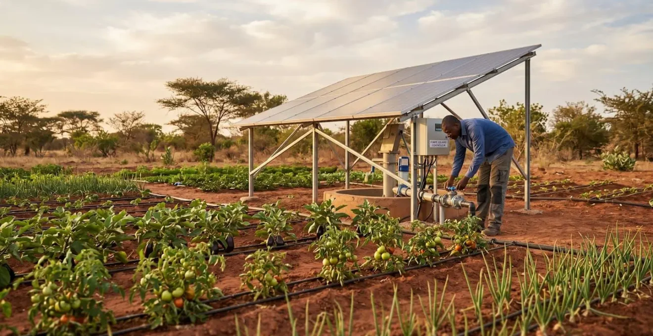 Exploitation maraîchère ouest-africaine avec système irrigation solaire opérationnel : rangées de cultures légumières au premier plan avec rampes goutte-à-goutte, panneaux photovoltaïques montés sur structure métallique au second plan, exploitant africain vérifiant le système près du puits, sol latéritique et végétation sahélienne en arrière-plan sous lumière de fin de journée