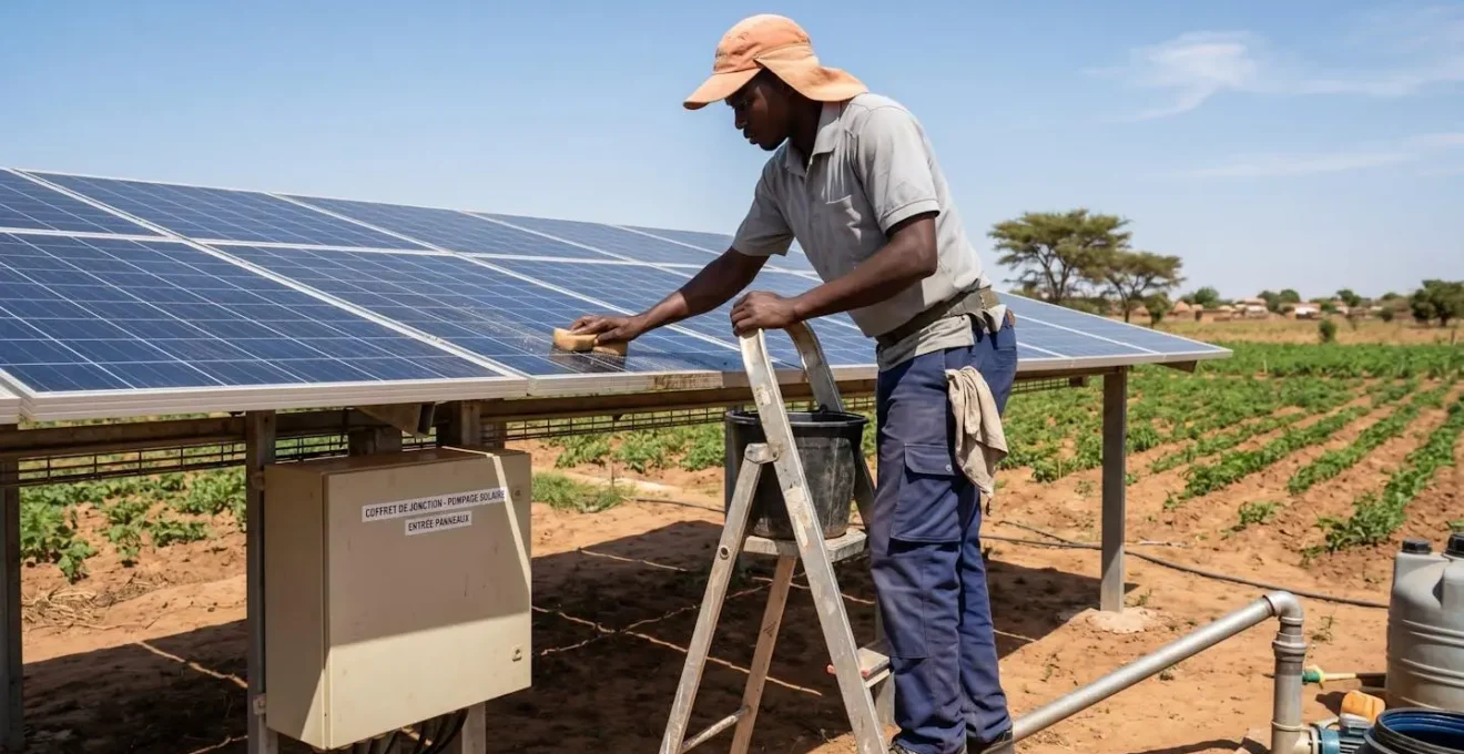 Technicien africain en tenue de travail debout sur échelle, nettoyant surface de panneaux solaires photovoltaïques avec chiffon, installation pompage solaire réelle sur exploitation agricole avec champ cultivé en arrière-plan, lumière naturelle forte créant ombres nettes